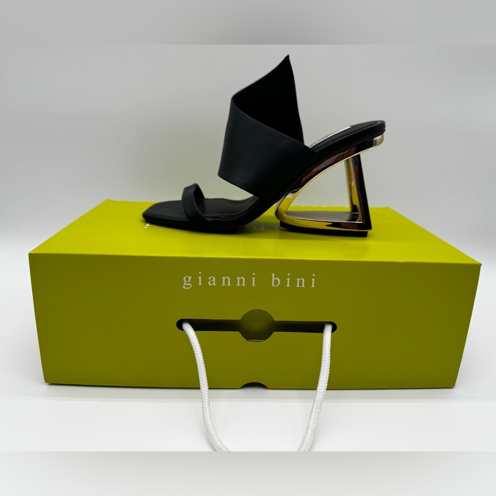 Gianni Bini Black Open-Toe Mule with Metallic Geometric Heel